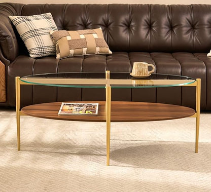 AGV LIGHTING Oval Coffee Table, Mid-Century Modern Coffee Table, Glass Coffee Table, Glod Finish Legs, Thick Tempered Clear Glass Top with Walnut MDF Shelf