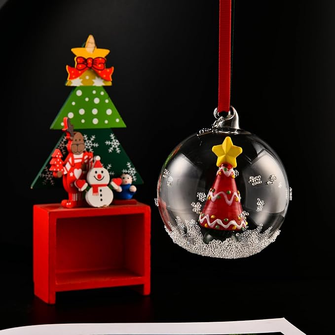 2025 Crystal Clear Glass Ball Christmas Ornament, Modern Tree Decoration with Red Ribbon (Christmas Tree)