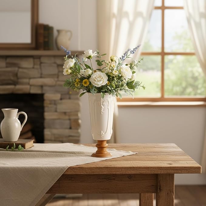 hjn White Ceramic Vase- French Flower Vase for Decor Small Vintage Vases with Wood Base for Table/Living Room/Shelf/Mantel/Office-Height-9.1"-Floral Embossing