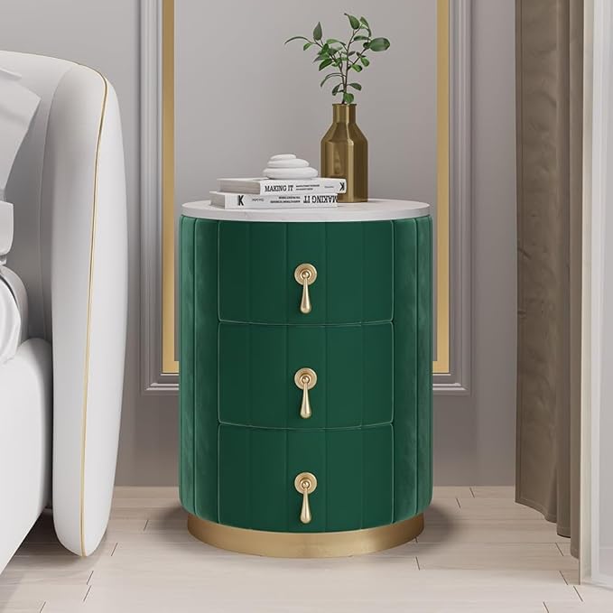homary Green Velvet Nightstand with 3 Drawers, Round Bedside Table with Sintered Stone Top, Modern Nightstand with Storage for Bedroom, End Table for Living Room