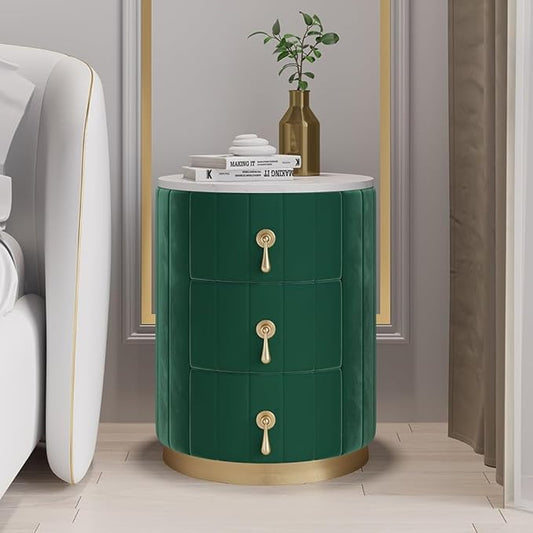 homary Green Velvet Nightstand with 3 Drawers, Round Bedside Table with Sintered Stone Top, Modern Nightstand with Storage for Bedroom, End Table for Living Room