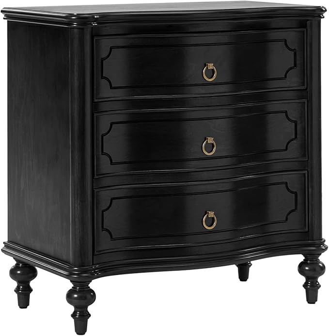 HULALA HOME Wood Nightstand with Charging Station, 3 Drawer Traditional Nightstands, End Table with Solid Wood Legs for Bedroom, USB Ports & Three-Prong Plugs, Black