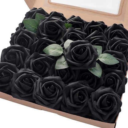 Floroom Artificial Flowers 25pcs Real Looking Black Foam Fake Roses with Stems for DIY Wedding Bouquets Centerpieces Arrangements Party Tables Home Halloween Decorations