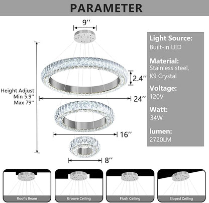 23.6" 3 Ring Crystal Chandelier Modern LED Dimmable Ring Pendant Light Round Chandelier for Dining Room Living Room Silver