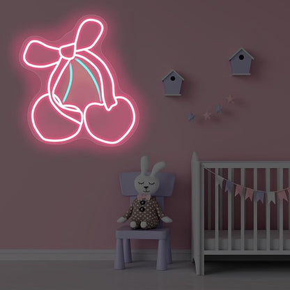 Pink Cherry Bow LED Neon Sign, Girly Heart Coquette Cherry Trendy Wall Art Neon Light Girl's Bedroom Home Dorm Salon Wall Decor for Kids Room,Restaurant,Bar,Fruit Shop,Home, Wedding Supplies
