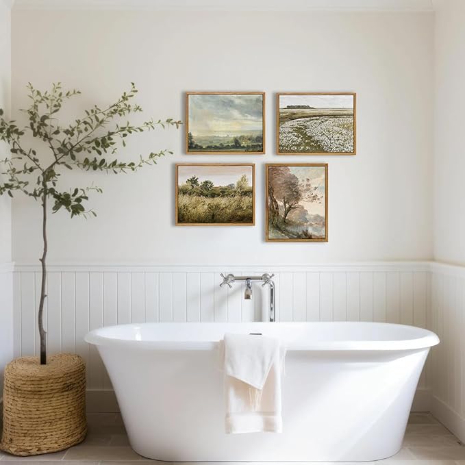 KBKBART Framed Canvas Wall Art Vintage Southwest Decor, Retro Neutral Landscape Riverside Botanical Art Prints Painting, Rustic Farmhouse Wall Decor Ready To Hang for Bedroom, Bathroom, Living Room,