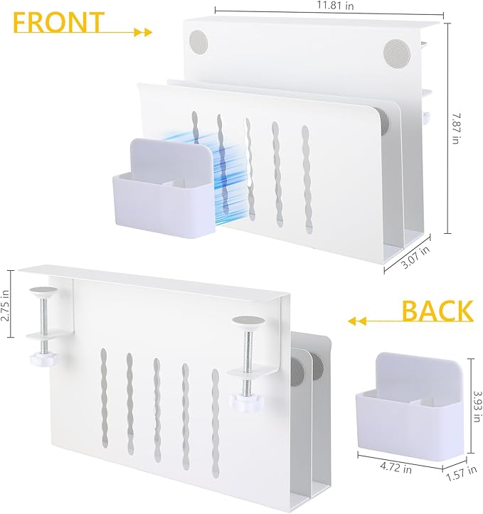 2 TIER Desk Side Storage Upgraded Under Desk Organizer, No Drill Hanging Laptop Holder Under Desk, Clamp-On Table Side Steel Desktop Organization for Office and Home (White)
