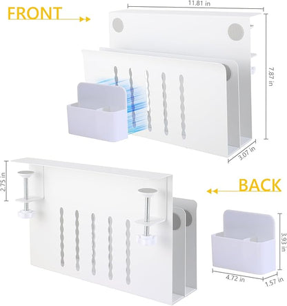 2 TIER Desk Side Storage Upgraded Under Desk Organizer, No Drill Hanging Laptop Holder Under Desk, Clamp-On Table Side Steel Desktop Organization for Office and Home (White)