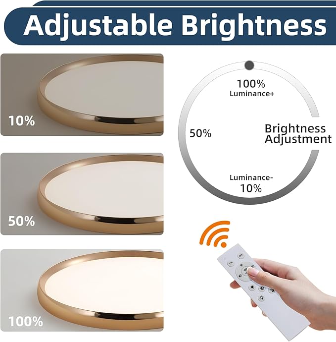 Dimmable LED Flush Mount Ceiling Light, 19inch Gold Bedroom Ceiling Lamp, Ultra-Slim, 40W, 3000K-6000K Adjustable, Modern Kitchen Lighting Fixture for Living Room, Bathroom, Office, Study