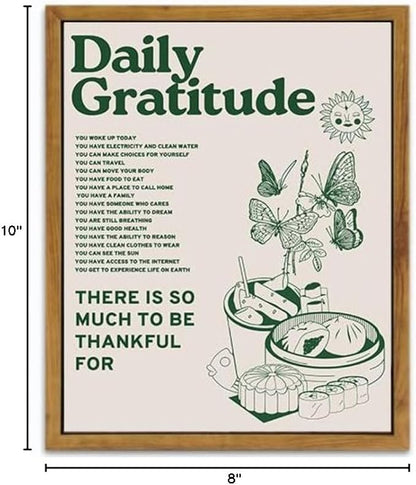 Framed Retro Poster for Room Aesthetic, Vintage Green Inspirational Quotes Canvas Wall Art, Daily Gratitude Posters for Room Aesthetic, Cute Sunflower Butterfly Retro Wall Decor for Bedroom,
