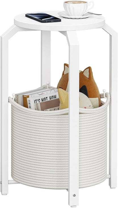 TUTOTAK Small Side Table, Round End Table, Night Stand, Bedside Table, Sofa Table with Storage Basket, Living Room, Bed Room, White TB01BW092