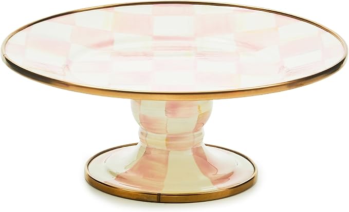 MACKENZIE-CHILDS Enamel Pedestal Platter, Round Cake Stand, Mini, Pink-and-White Rosy Check