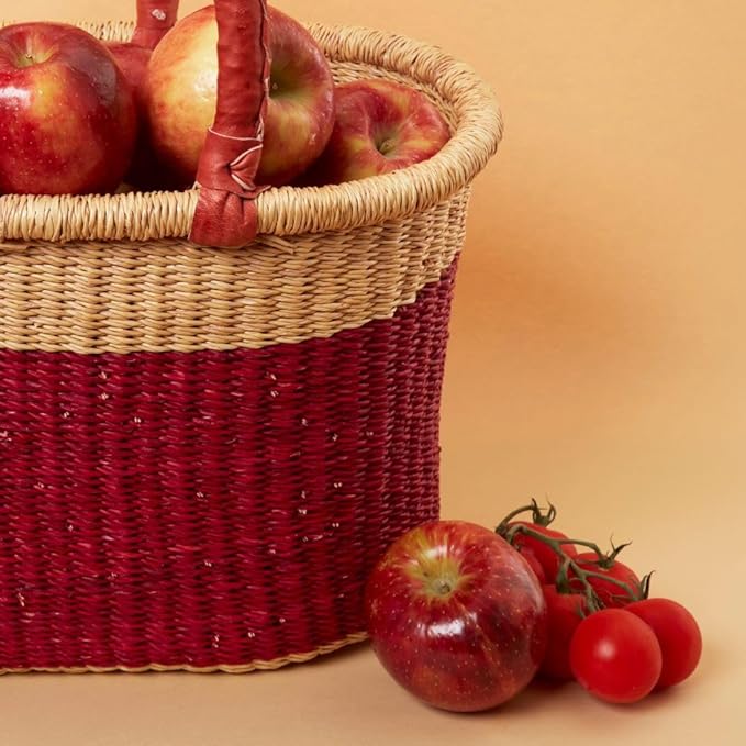 Large Woven Market Basket, Harvesting, Gardening, Picnic Basket, Foraging, Farmers, Fruit Picking, Shopping Tote, Groceries, Handmade, Boho, African, Ghana, Bolga, Leather Handle, 12" Wide, Oval, Cranberry