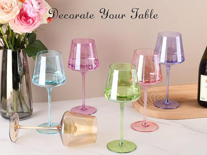 Physkoa Pink Wine Glasses Set 6-16oz Modern Pink Wine Glasses With Tall Long Stem and Flat Bottom,Pink Glassware for Wedding,Bridal Shower,Bachelorette Party