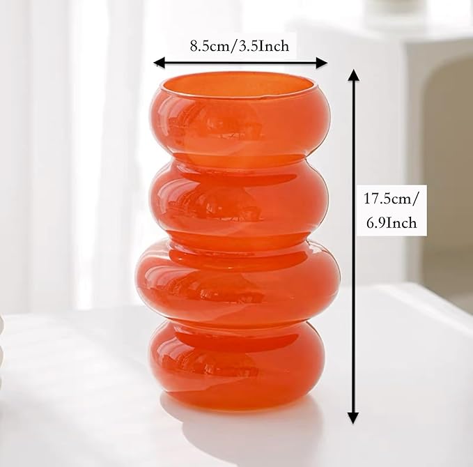 Colored Glass Hydroponic Flower Vase 7 Inch Orange Geometric with Waves and Bubbles Four Layer Glass Vase for Home Decoration Modern Freestanding Indoor Hydroponics Dried Flowers