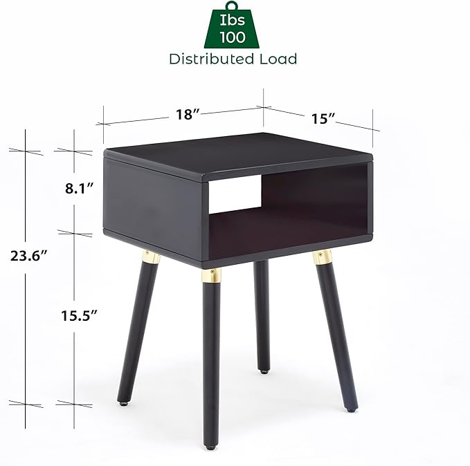 Bme Dinkee Solid Wood Bedside Table Fully Assembled Without Drawer for Mid Century Bedroom and Living Room, Black