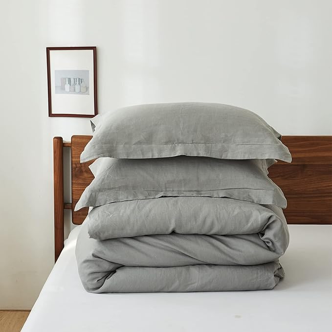 Simple&Opulence 100% Linen Duvet Cover Set 2pcs Natural French Basic Style Washed Flax Solid Color Breathable Soft Farmhouse Bedding with Button Closure (Ultimate Grey, Twin)