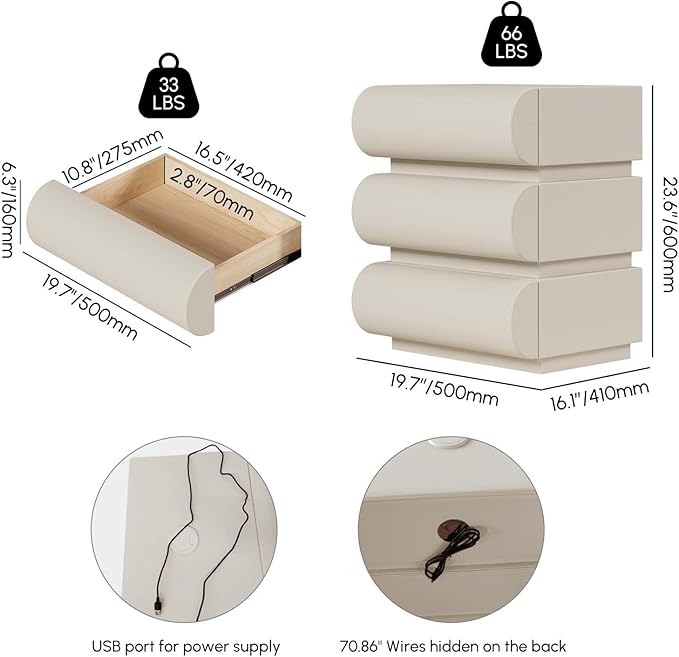 homary 3-Drawer Smart Nightstands Set of 2 with Wireless Charging Station, USB & Type-C Ports, Faux Leather White Night Stands Modern Bedside Tables for Bedroom Storage, Fully Assembled