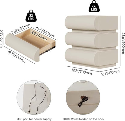 homary 3-Drawer Smart Nightstands Set of 2 with Wireless Charging Station, USB & Type-C Ports, Faux Leather White Night Stands Modern Bedside Tables for Bedroom Storage, Fully Assembled