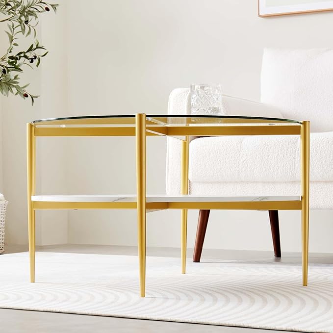 Round Coffee Table for Living Room, Mid-Century Modern Design, D30 x H17, 2-Tier Structure, Clear Glass Top and White Marble Finish Wood Shelf, Sleek Conical Metal Legs with Gold Finish Frame
