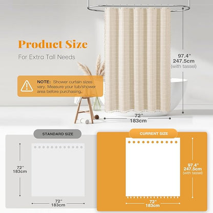BTTN Extra Long Shower Curtain - 72x96 Inch Long Boho Chic Linen Fabric Heavy Duty Shower Curtain Set with Plastic Hooks, Tall Farmhouse Aesthetic Cute Tassel Shower Curtains for Bathroom, Cream/Beige