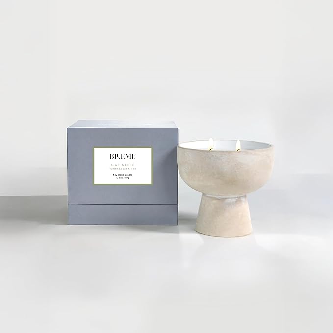 BLUEME Balance-White Lotus & Tea, 2 Wick, Refillable Wellness Candle, Contains Essential Oil, Sustainable, Hand Finished, Hand Poured, Premium, Luxury Ceramic, Natural Cotton Wick, Soy-Wax Blend