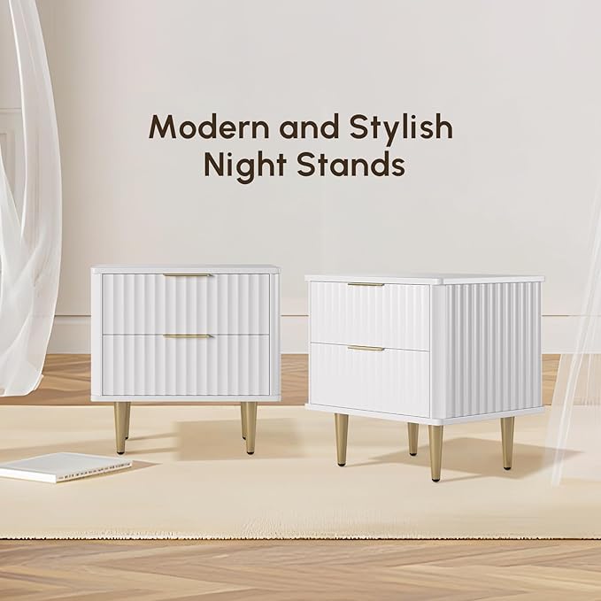 homary Modern Night Stand, White Night Stand with Drawers, Bedside Table with Gold Metal Legs for Bedroom Living Room