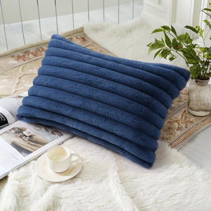 decorUhome Faux Fur Throw Pillow Covers 12x20 Set of 2, Decorative Soft Plush Striped Lumbar Neutral Euro Pillow Covers with Velvet Back for Bed, Living Room Home Decor, Blue