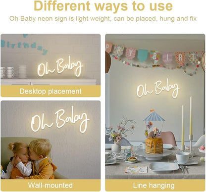 DIVATLA Oh Baby Sign for Backdrop - Oh Baby Neon Sign Shower Decorations, Gender Reveal, Led Sign for Backdrop & Wall Decor, Photo Prop, Gif for New Parents, Warm White