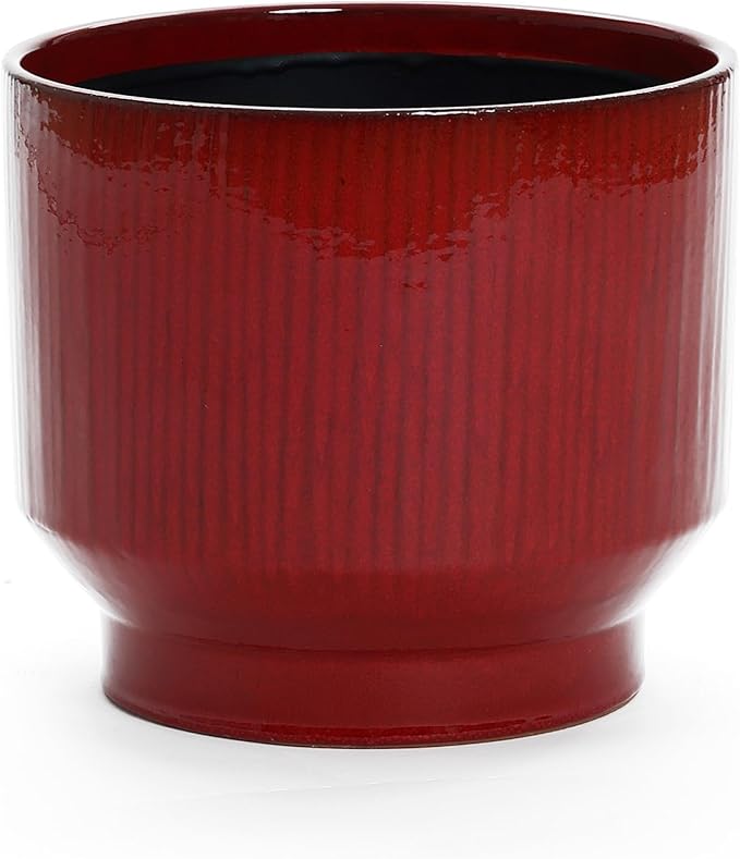 LuxenHome 13" Dia Ceramic Plant Pots, Red Glaze Indoor Outdoor Planter Pot with Drainage Hole and Rubber Plug, Modern Round Large Flower Pot for Home Garden Office or Patio