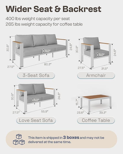 Aluminum Outdoor Patio Furniture Set with Table, 4 Piece Outdoor Chair Conversation Sets with Washable Thick Cushions, Patio Sectional Furniture Set for Porch, Balcony, Deck, White