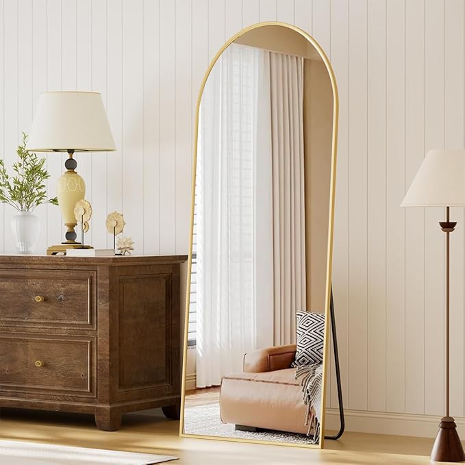 Arched Full Length Mirror, 64" x 21" Arch Floor Mirror with Stand, Full Length Wall Mirror Hanging or Leaning Arched-Top Full Body with Stand for Bedroom, Dressing Room, Gold