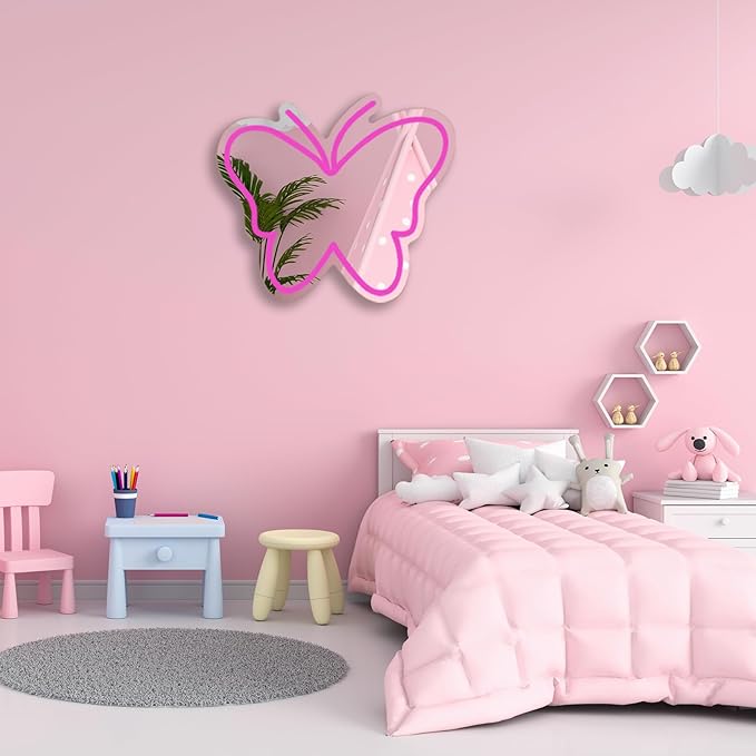 Butterfly Mirror Neon Sign Dimmable USB LED Neon Lights for Ideal Home Decor for Bedroom, Kidsroom, Living Room Parties, Christmas Birthdays Gifts for Girls Women, Boho Mirror Wall Sign Art Gift-pink