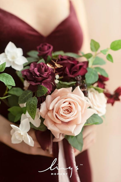 Ling's moment Artificial Flowers Red Bridesmaid Bouquet, Red & Blush Wedding Flowers Bouquets for Bridesmaids, 7 Inch Bridal Bouquets for Bridesmaids, Wedding Decor, Anniversary, etc