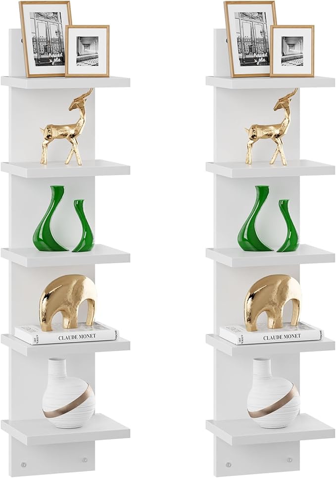 IBUYKE 5-Tier Modern Wall-Mounted Shelf, White Vertical Shelf, Floating Storage, Organizer, Tall Tower Design, Decorative Wall Mount Shelving for Home, Bedroom, Living Room, Office Decor WBC009W-2