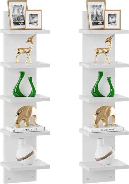 IBUYKE 5-Tier Modern Wall-Mounted Shelf, White Vertical Shelf, Floating Storage, Organizer, Tall Tower Design, Decorative Wall Mount Shelving for Home, Bedroom, Living Room, Office Decor WBC009W-2