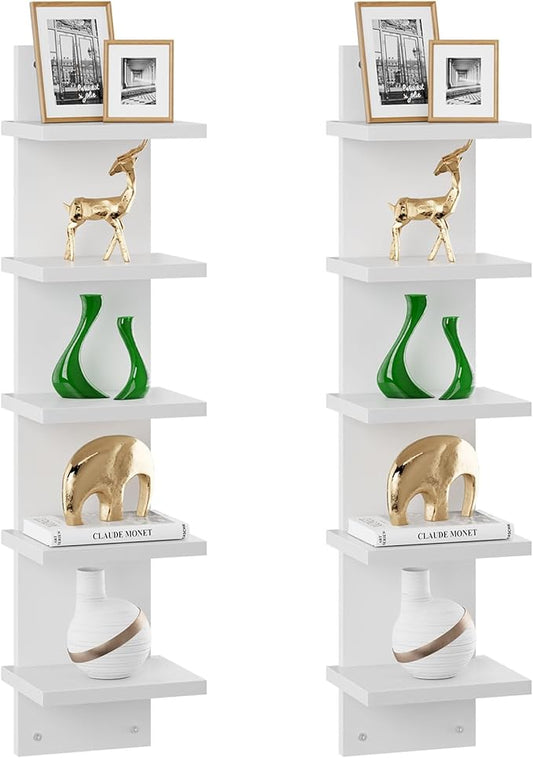 IBUYKE 5-Tier Modern Wall-Mounted Shelf, White Vertical Shelf, Floating Storage, Organizer, Tall Tower Design, Decorative Wall Mount Shelving for Home, Bedroom, Living Room, Office Decor WBC009W-2
