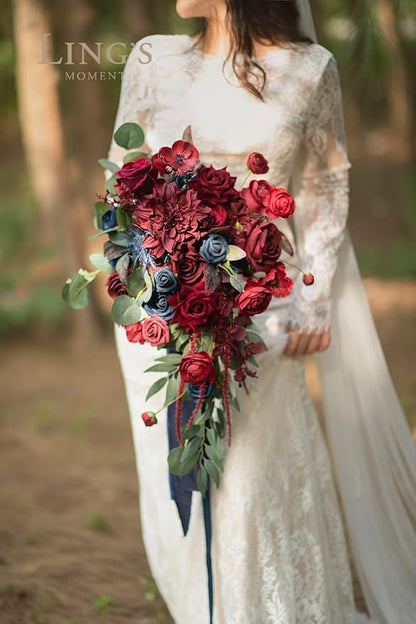 Ling's moment Navy Blue Burgandy Bridal Bouquet Cascading, Jewel Tone Wedding Bouquets for Bride, 15 Inch Bride Bouquets for Wedding Artificial Flowers Bouquets