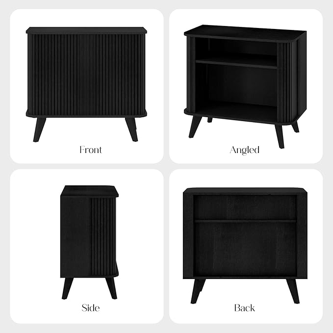 Fluted Sideboard Buffet Cabinet with Storage, 27” Curvy Edge Accent Storage Cabinet with Sliding Doors & Shelves, Modern Sideboard Credenza Console for Kitchen, Living Room, Entryway, Black