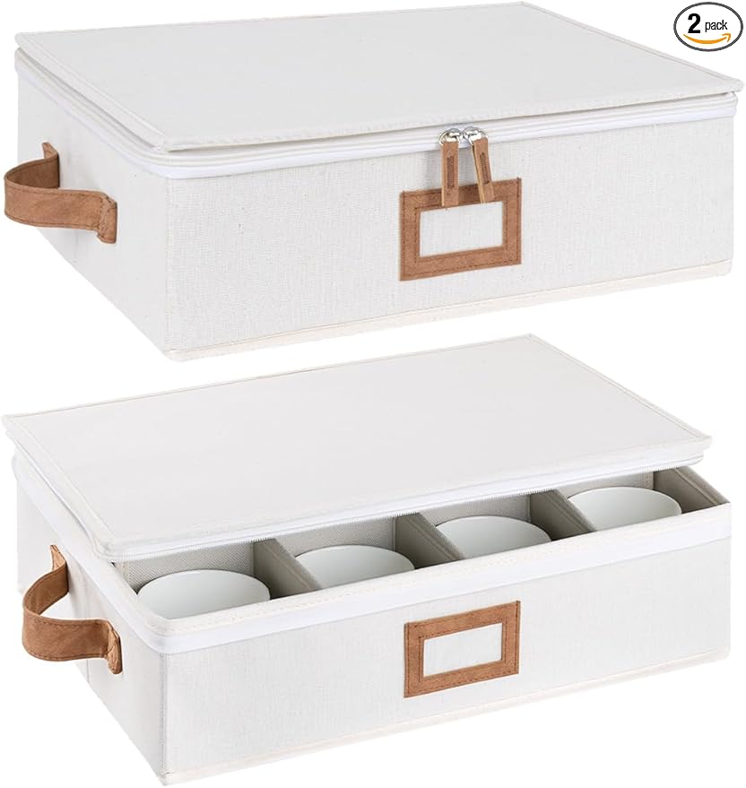 StorageWorks China Storage Container, Stackable Mug Storage Box with Dividers, Stemware Storage Cases, Hard Shell China Cup Organizer, Holds 12 Tea Cups and Coffee Mug, 2 Pack, Beige