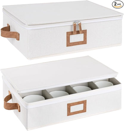 StorageWorks China Storage Container, Stackable Mug Storage Box with Dividers, Stemware Storage Cases, Hard Shell China Cup Organizer, Holds 12 Tea Cups and Coffee Mug, 2 Pack, Beige
