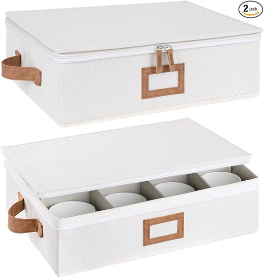 StorageWorks China Storage Container, Stackable Mug Storage Box with Dividers, Stemware Storage Cases, Hard Shell China Cup Organizer, Holds 12 Tea Cups and Coffee Mug, 2 Pack, Beige