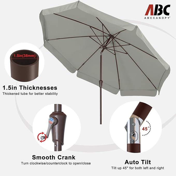 ABCCANOPY 9ft Scalloped Patio Umbrella, Outdoor Table Umbrella with Tilt and Crank, Fiberglass Ribs Deck Umbrella for Patio, Pool, Garden, Picnic (Light Gray)
