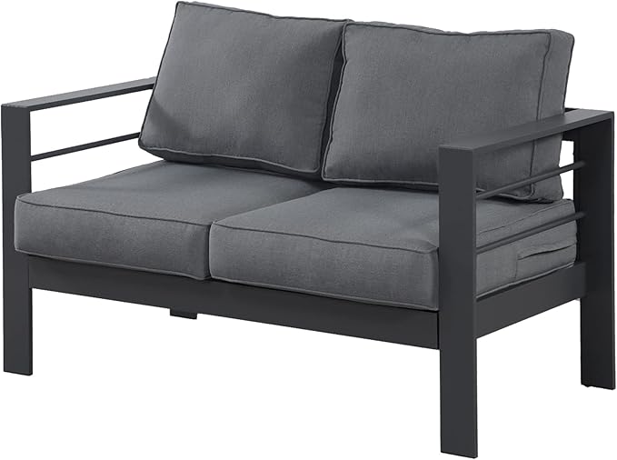 Wisteria Lane Patio Furniture Aluminum Loveseat, All-Weather 2 Seats Outdoor Chair, Gray Metal Chair with Dark Grey Cushions