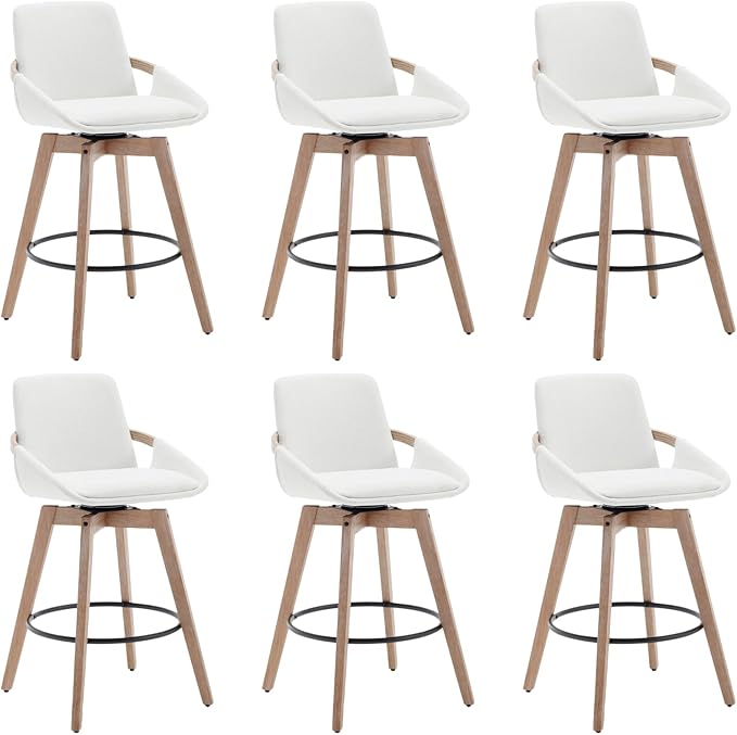 Mid-Century Swivel Bar Stools Set of 6, 26.5 inch Counter Height Barstools Linen Fabric Bar Chairs with Wooden Frame for Kitchen Island Dining Room, White