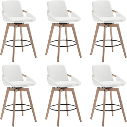 Mid-Century Swivel Bar Stools Set of 6, 26.5 inch Counter Height Barstools Linen Fabric Bar Chairs with Wooden Frame for Kitchen Island Dining Room, White