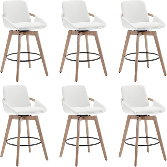 Mid-Century Swivel Bar Stools Set of 6, 26.5 inch Counter Height Barstools Linen Fabric Bar Chairs with Wooden Frame for Kitchen Island Dining Room, White