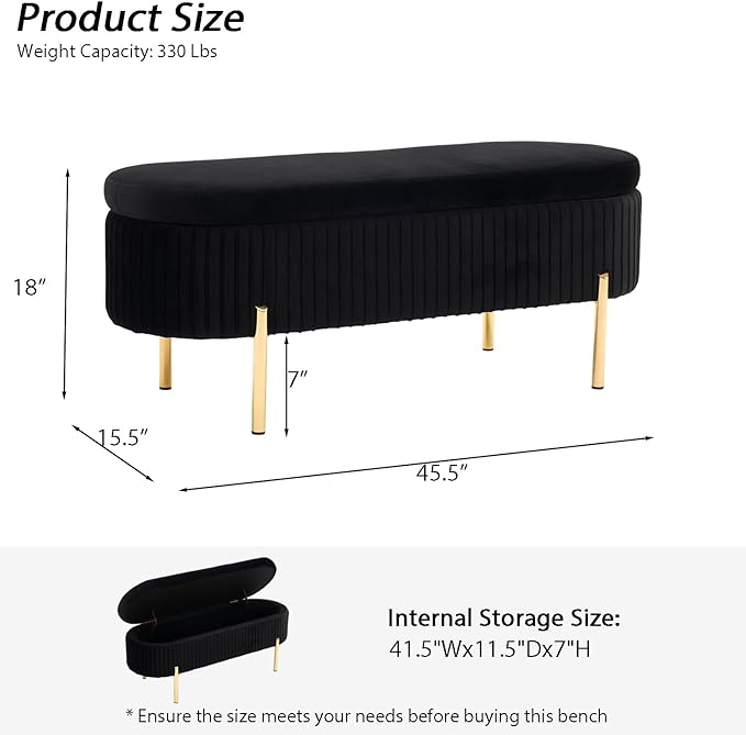 Velvet Storage Bench for Bedroom Upholstered End of Bed Bench Modern Ottoman with Gold Legs for Living Room/Window/Entryway (Black, Oval-45.5" W)