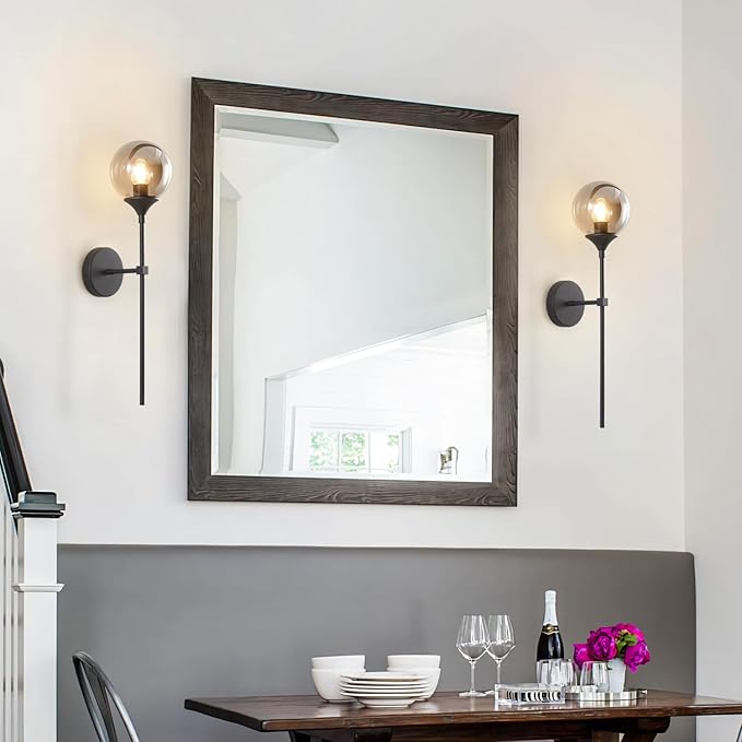 KCO Lighting Modern Smoke Grey Glass Globe Wall Sconce Black Matte Slim Wall Sconce Long Slim Wall Mount Light Vintage Industrial Wall Lamp for Hallway Stairs Bathroom