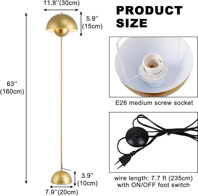 COSYLUX Modern Floor Lamp for Living Room, Industrial Tall Standing Lamp for Bedroom, Metal Shade Reflecting Light Reading Floor Lamp for Office, Nursery Room, Corner(Gold)